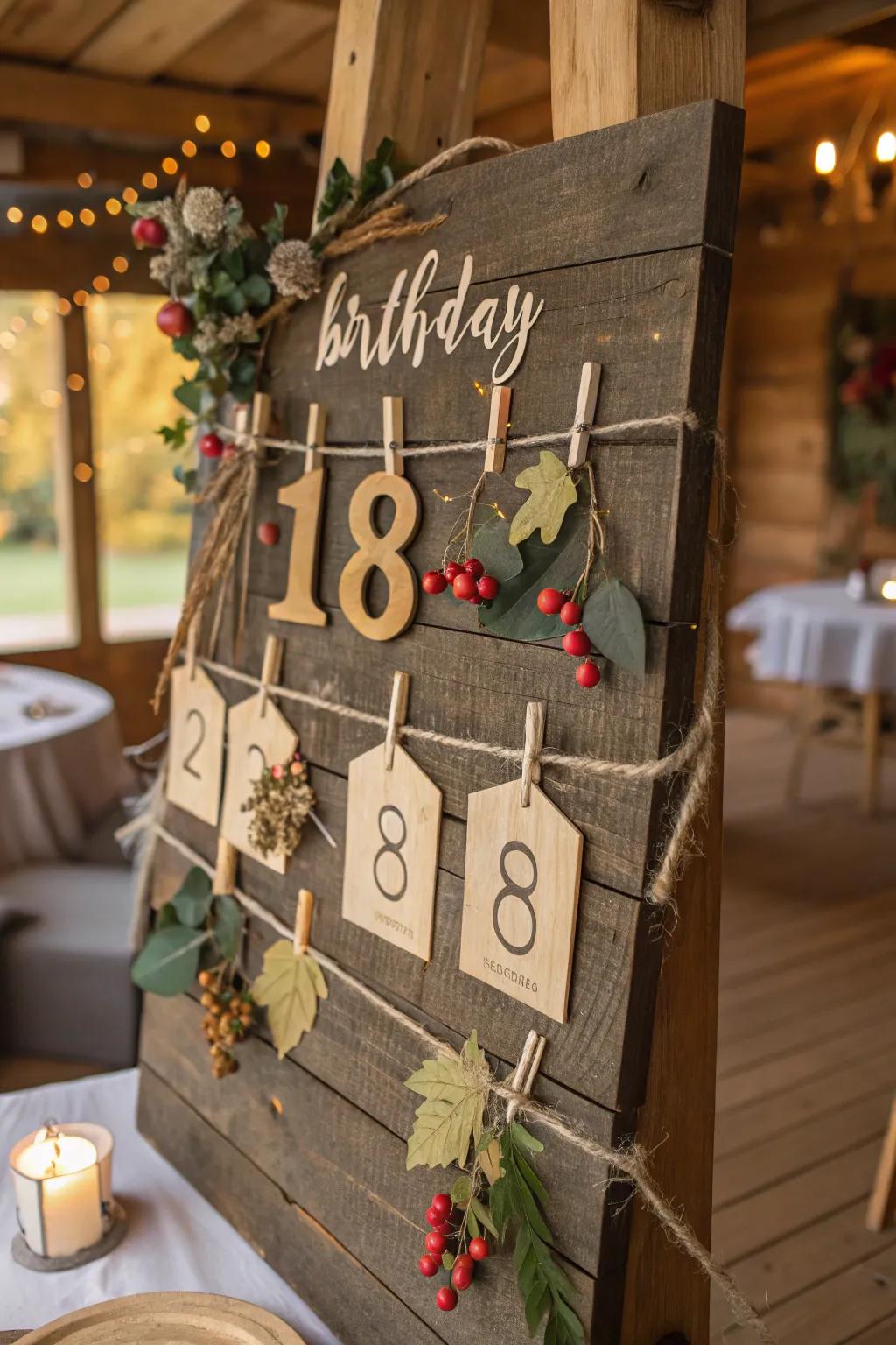 A warm rustic-themed birthday display with cozy charm.