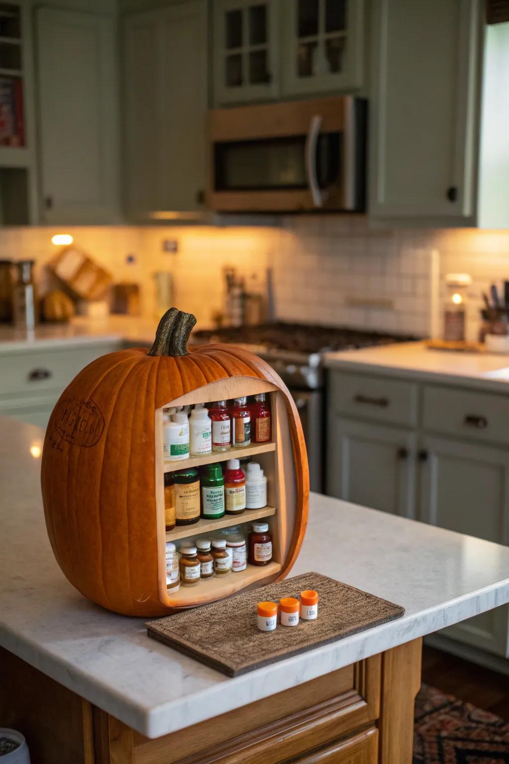 A dispensing-themed pumpkin that cleverly combines healthcare elements with festive decor.