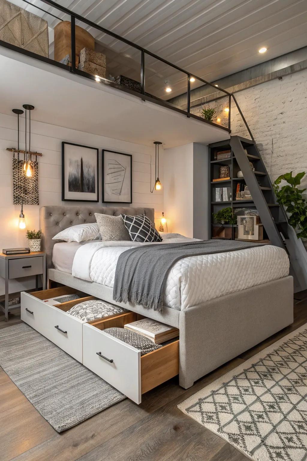 Elevated platform bed with built-in storage