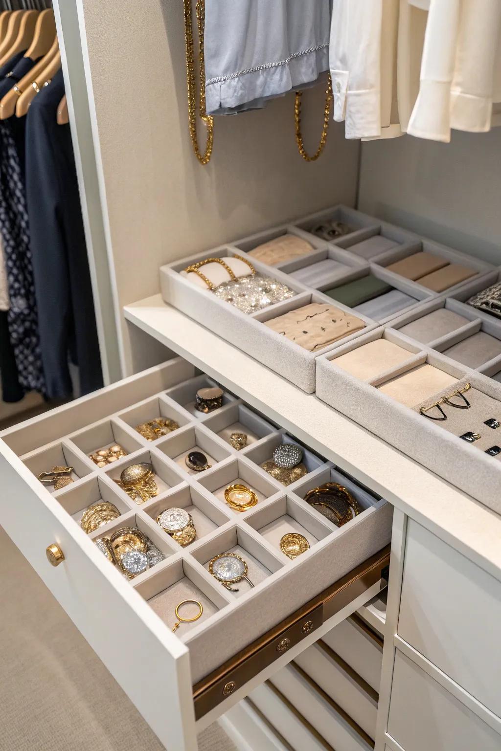 Organize small items with dedicated trays and boxes.