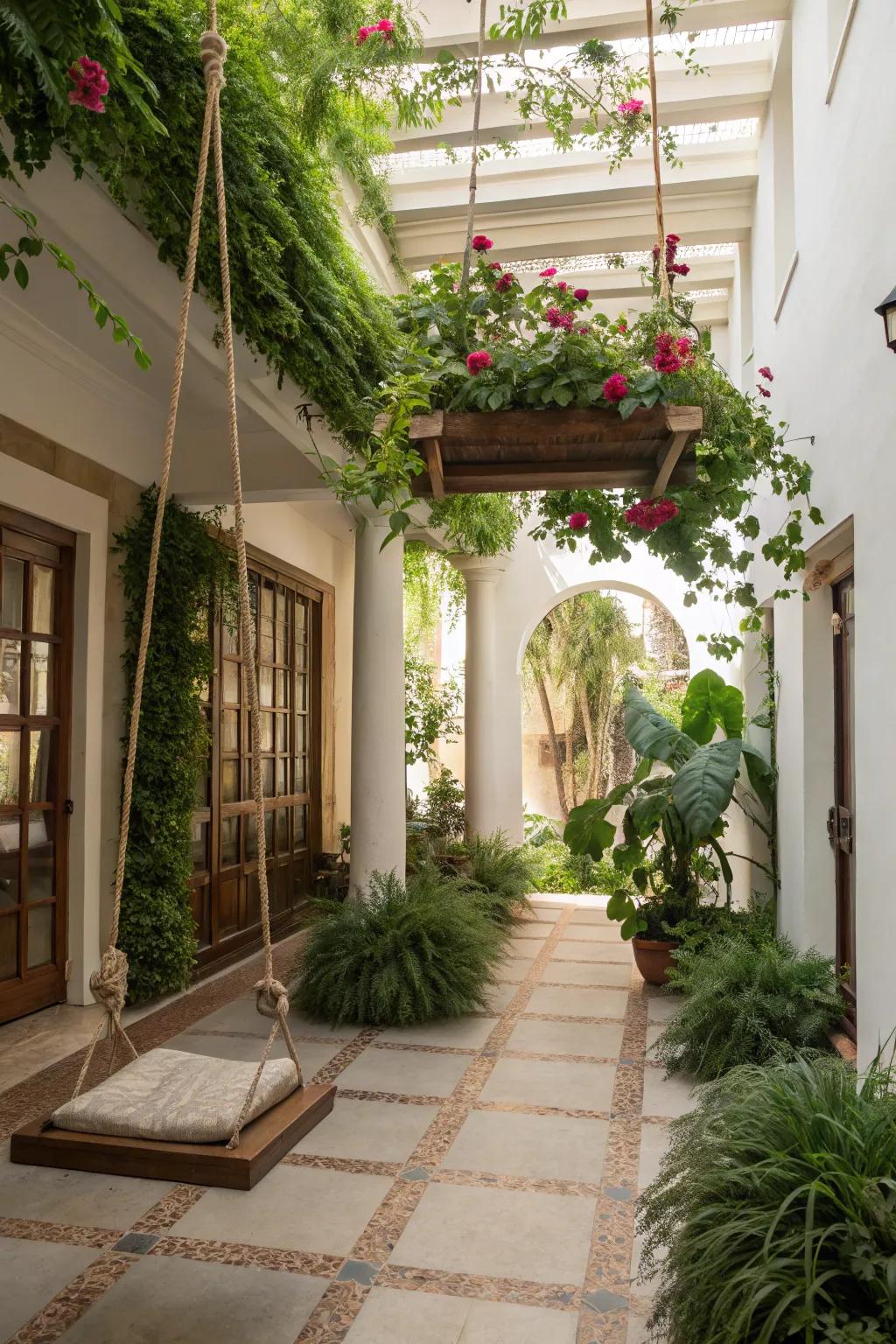 A whimsical hanging garden and swing adding surprise to an atrium.