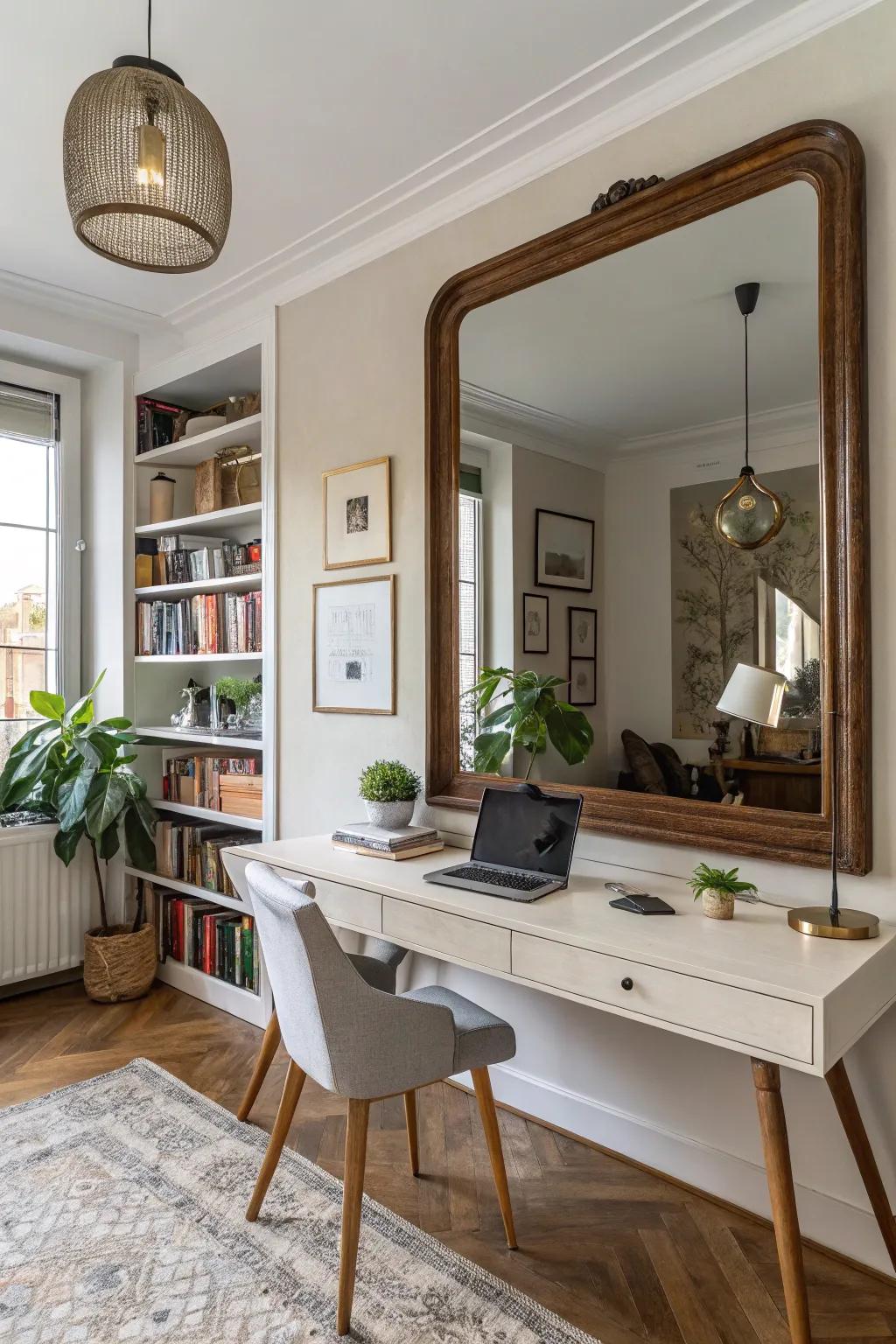 Mirrors enhance light and space in a home office.