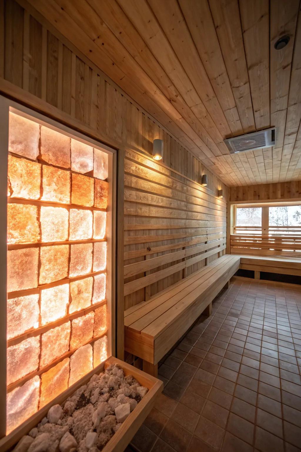 This sauna features a salt panel that provides both health benefits and a tranquil ambiance.