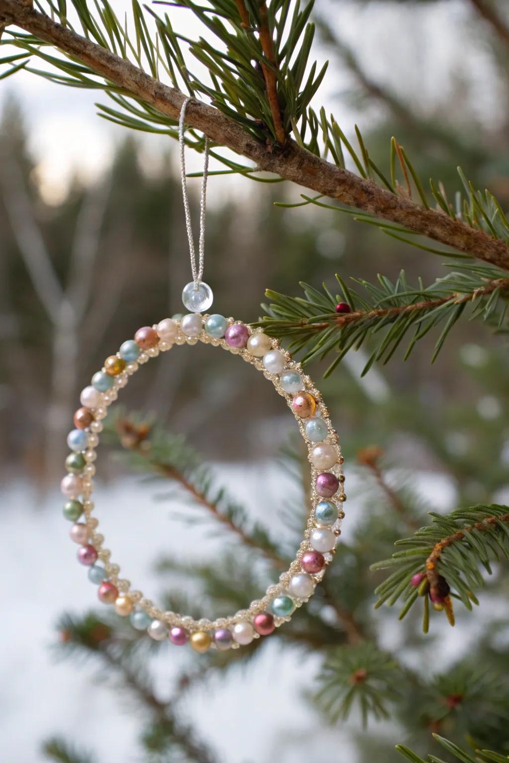 Complex beaded ring decorations adding a delicate touch to the Christmas tree.