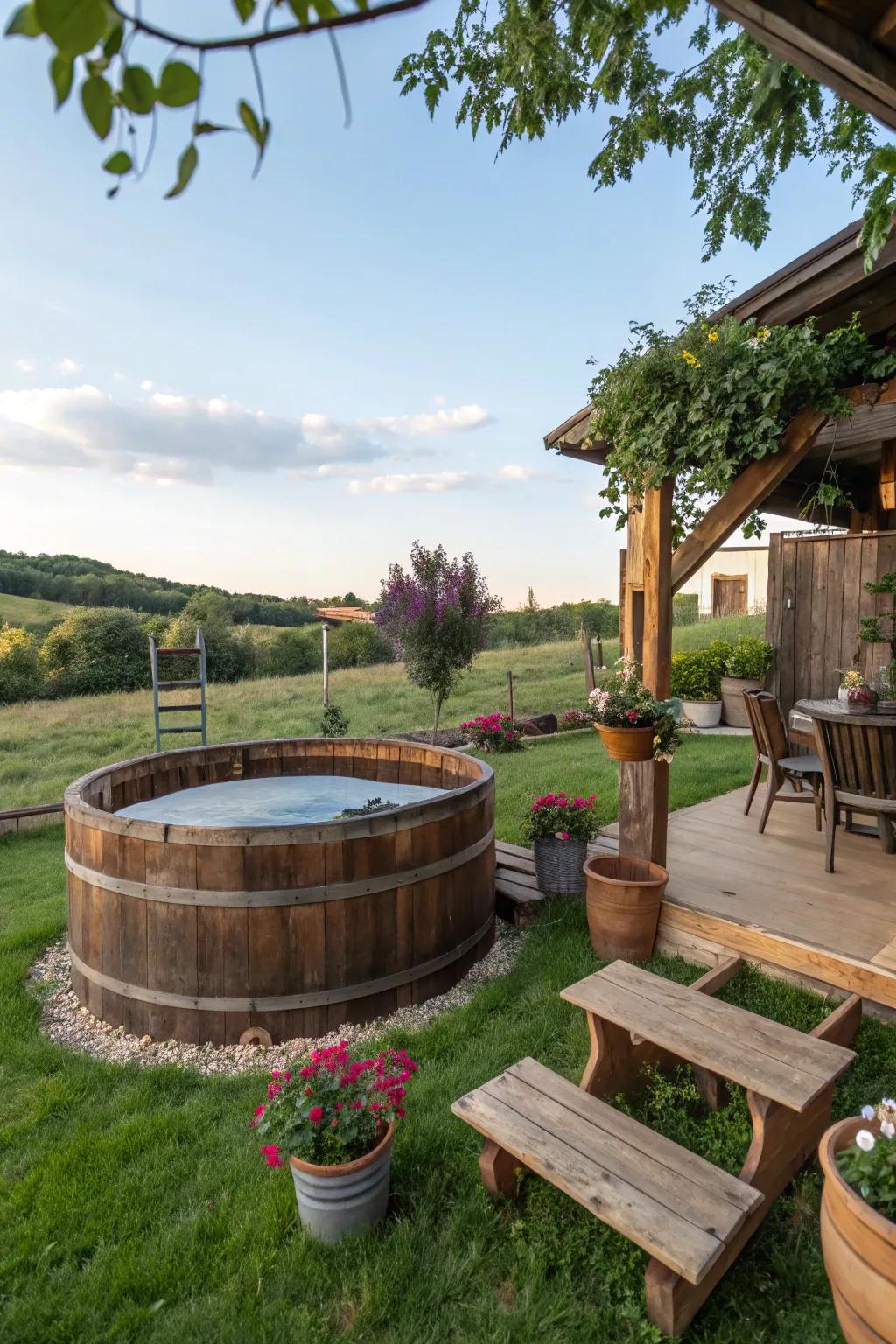A charming country-style tub pool for a countryside vibe.