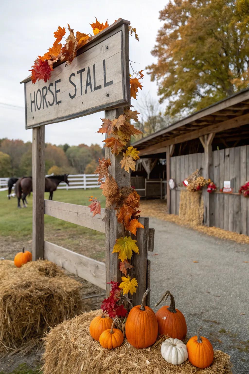 A horse stable marker featuring seasonal embellishments.