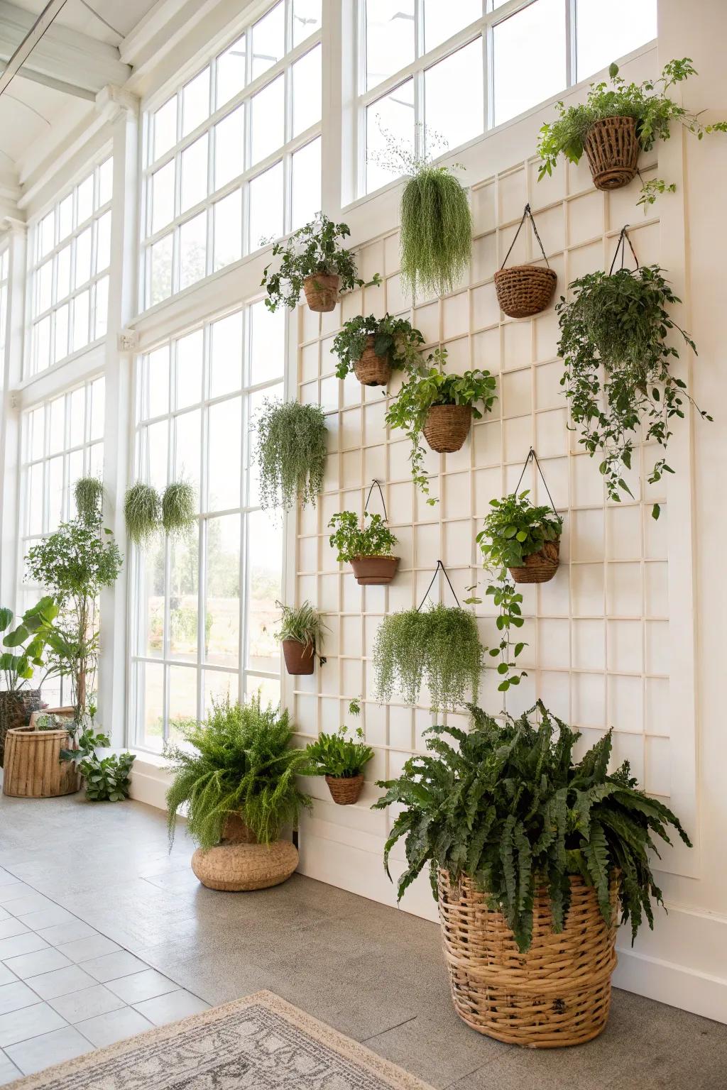 Dangling greenery introduces vitality and freshness to expansive walls.