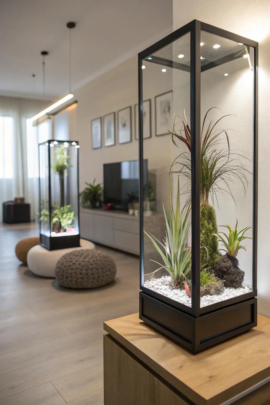 LED-lit display cases featuring air plants for dramatic decor.