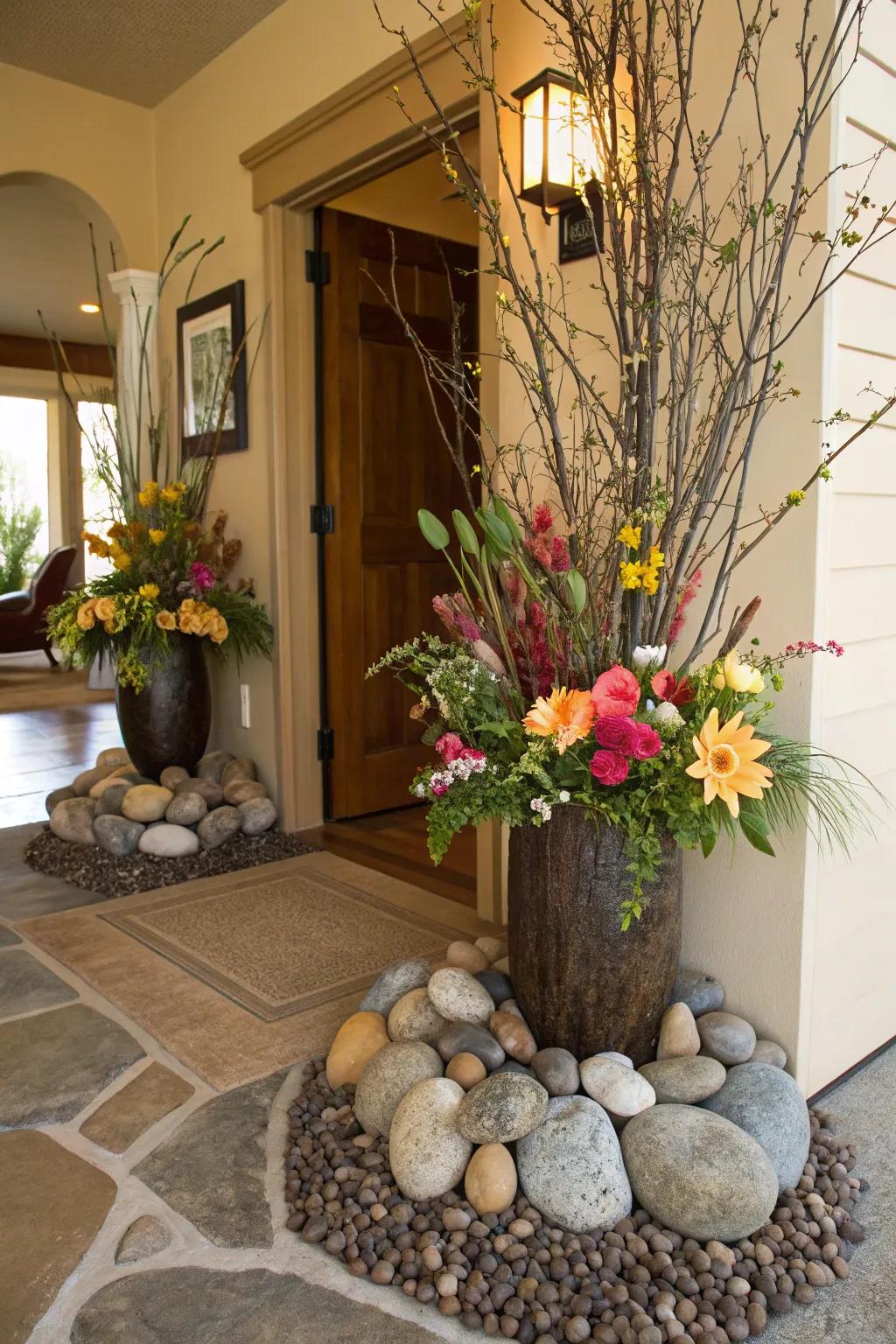 An artistic arrangement uniting blossoms with stones and limbs.
