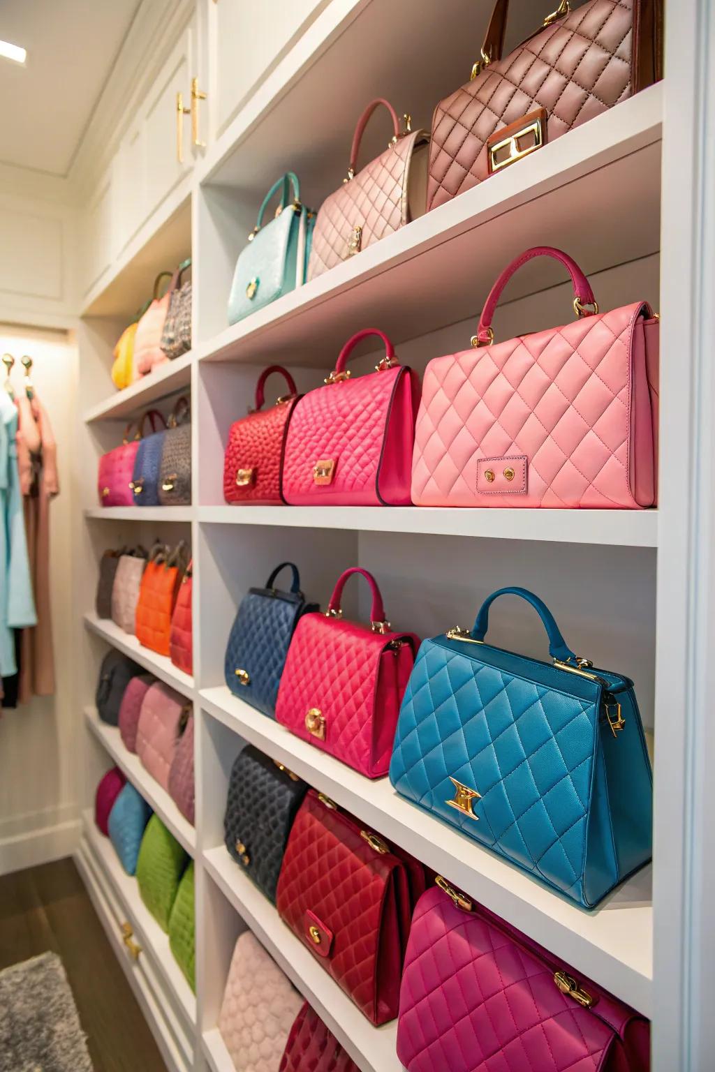 Purses organized by color, adding a vibrant touch to the closet.