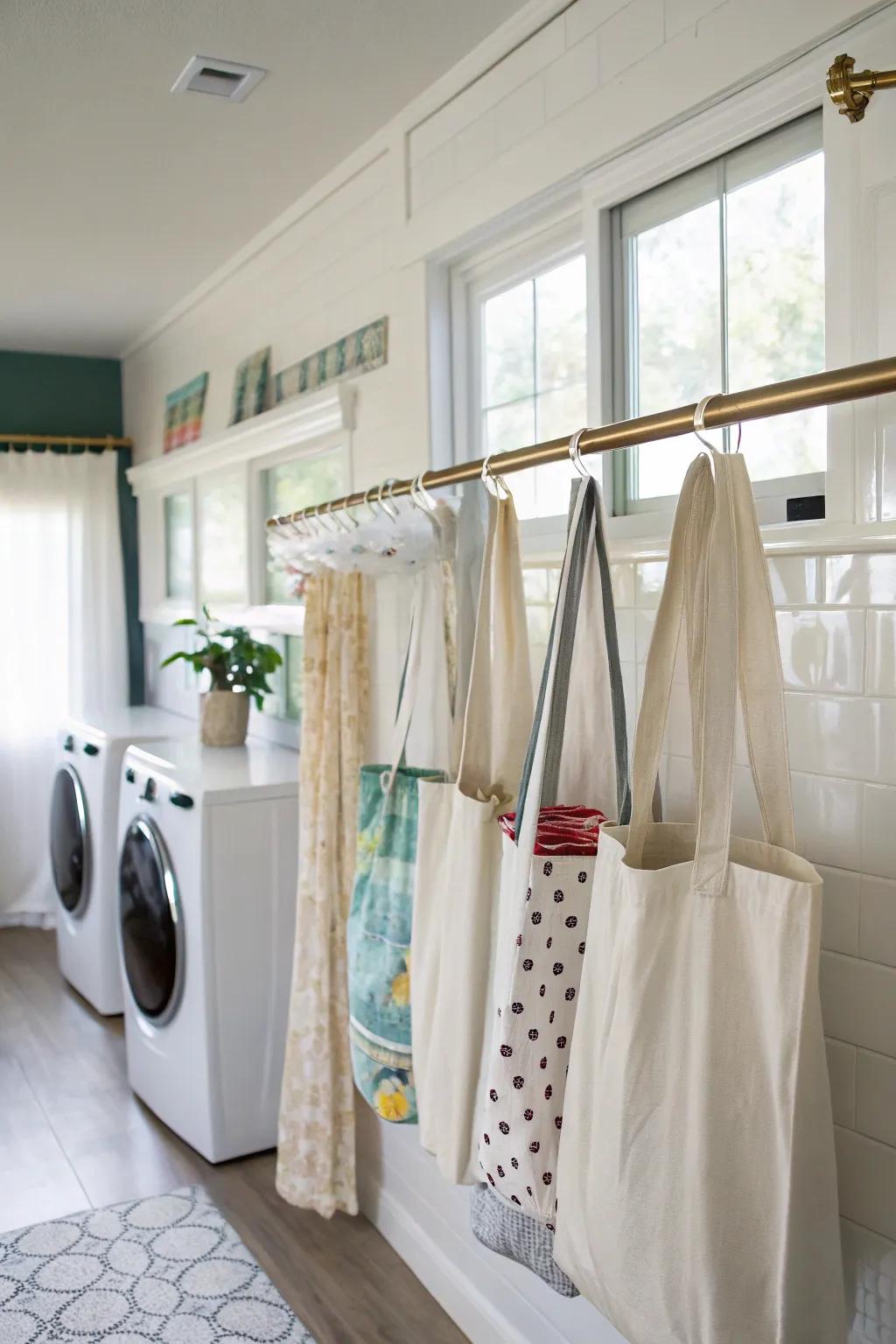 Fabric rods can double as a subtle carryall display.