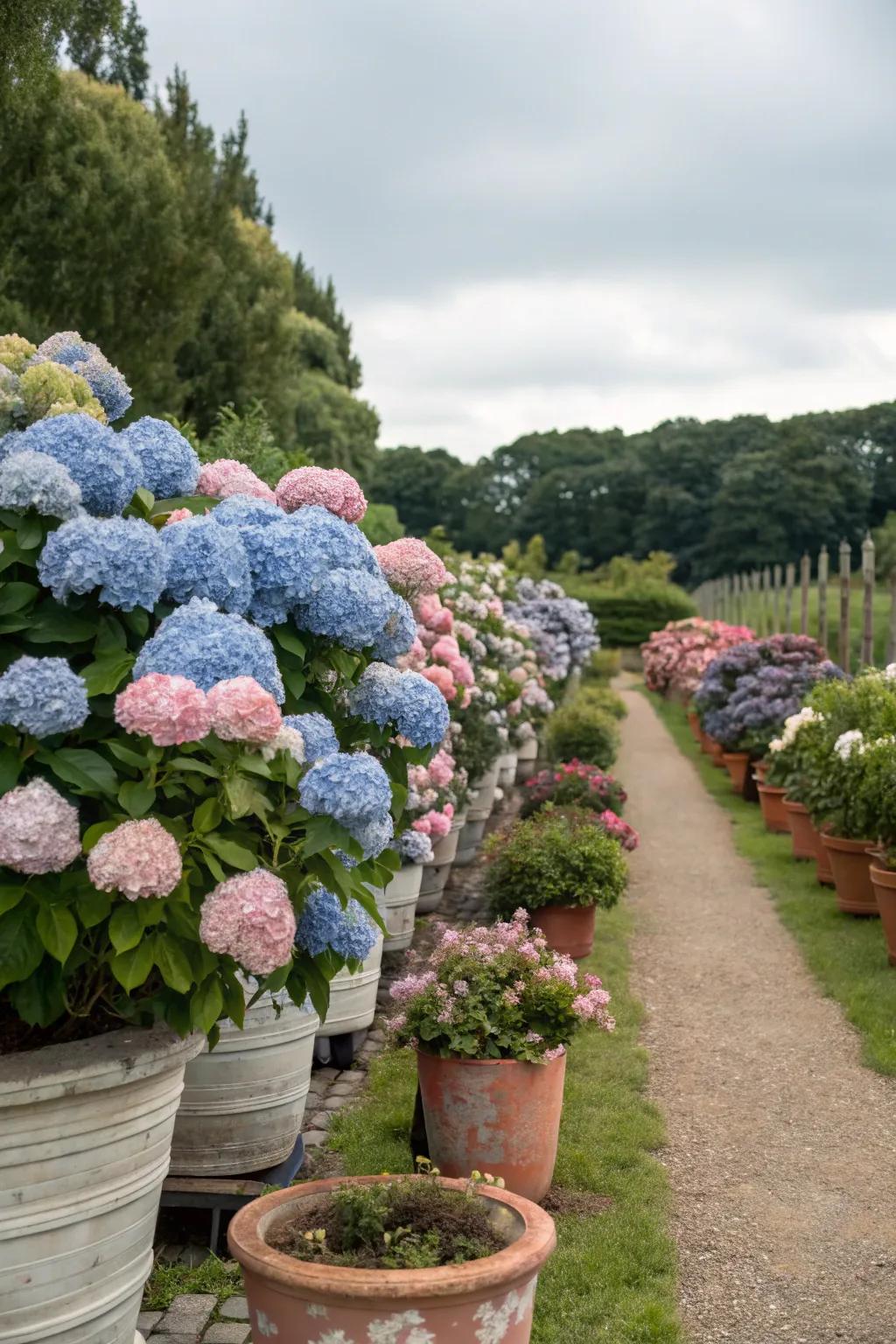 Staggered arrangement of hydrangeas creating a dynamic garden display.