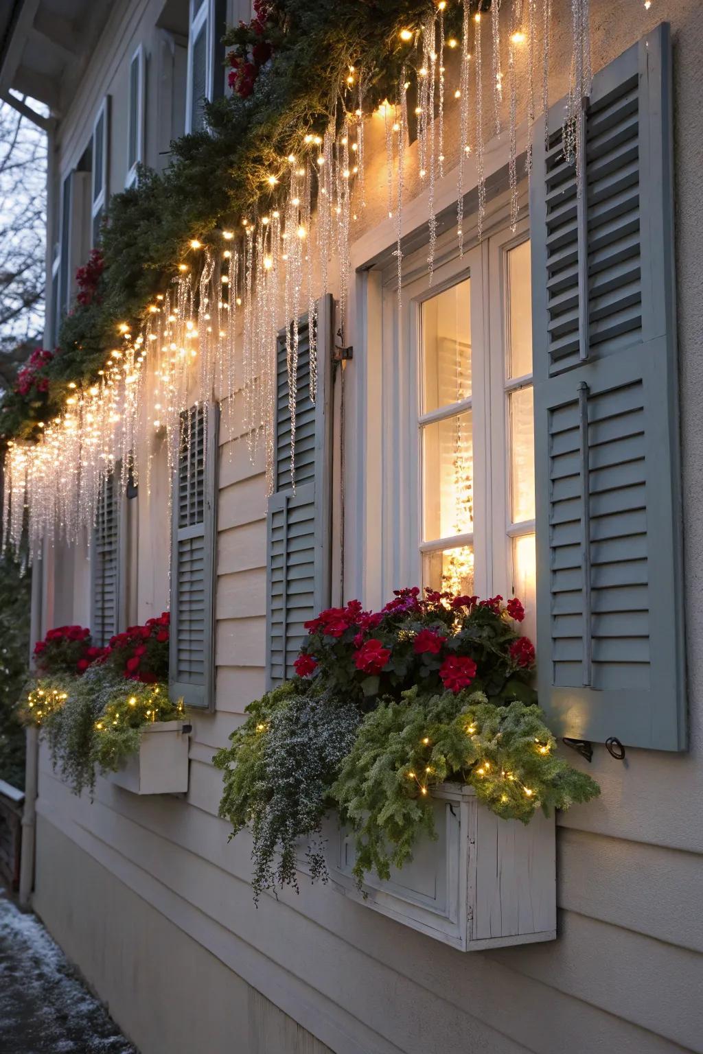 Window boxes sparkling with glimmer strips, adding charm to the home's exterior.