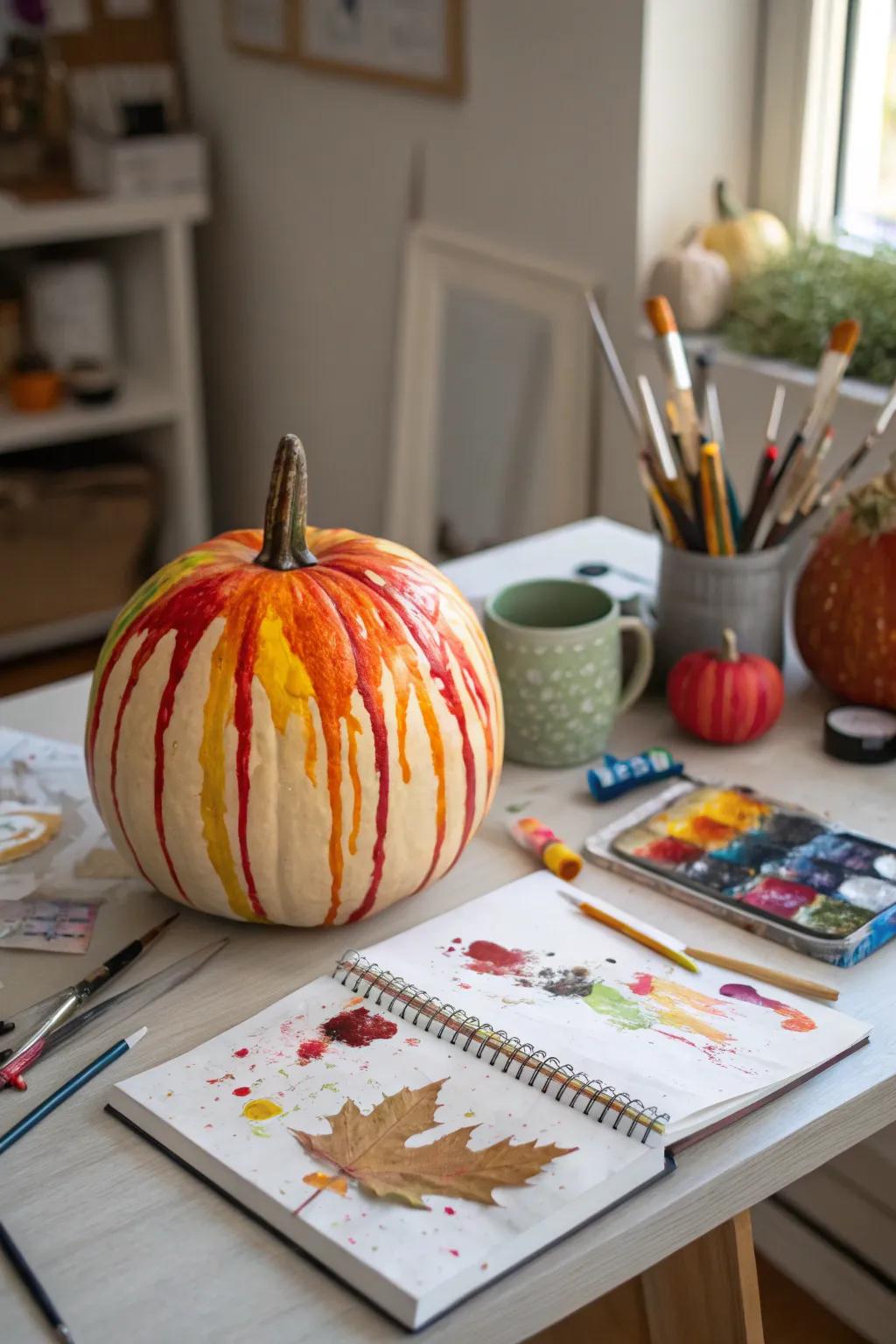 A pumpkin with wax drizzles fashioning an artistic and vibrant display.