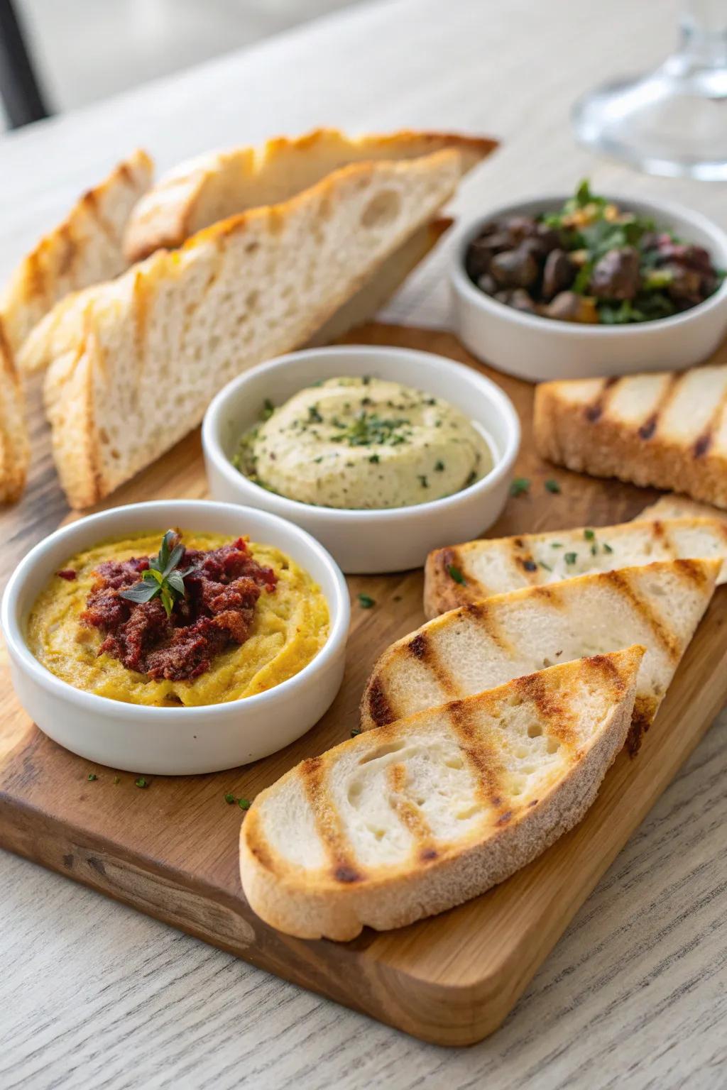 Grilled bread and dips are a tasty appetizer for any indoor BBQ.
