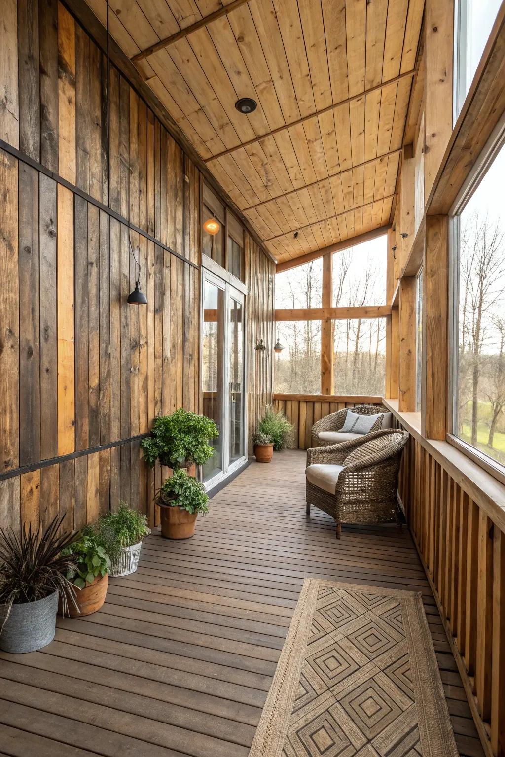 Textured partitions incorporate depth and appeal throughout this indoor deck.