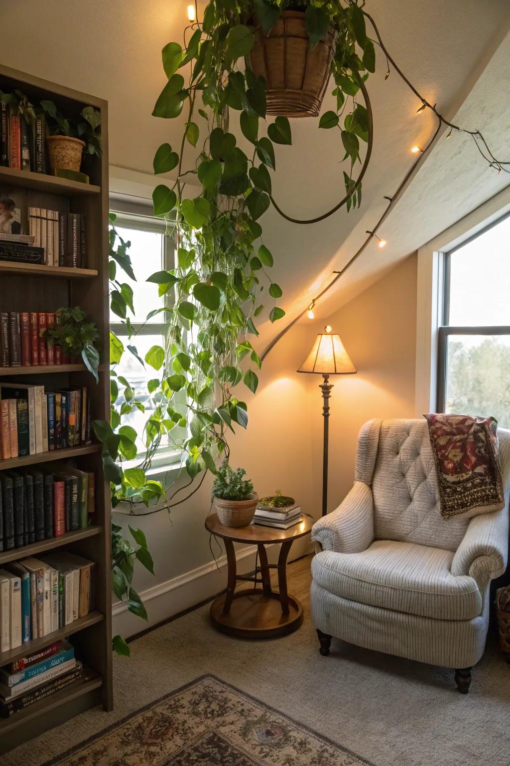 Introduce serenity to reading alcoves with cascading heartleaf philodendrons.