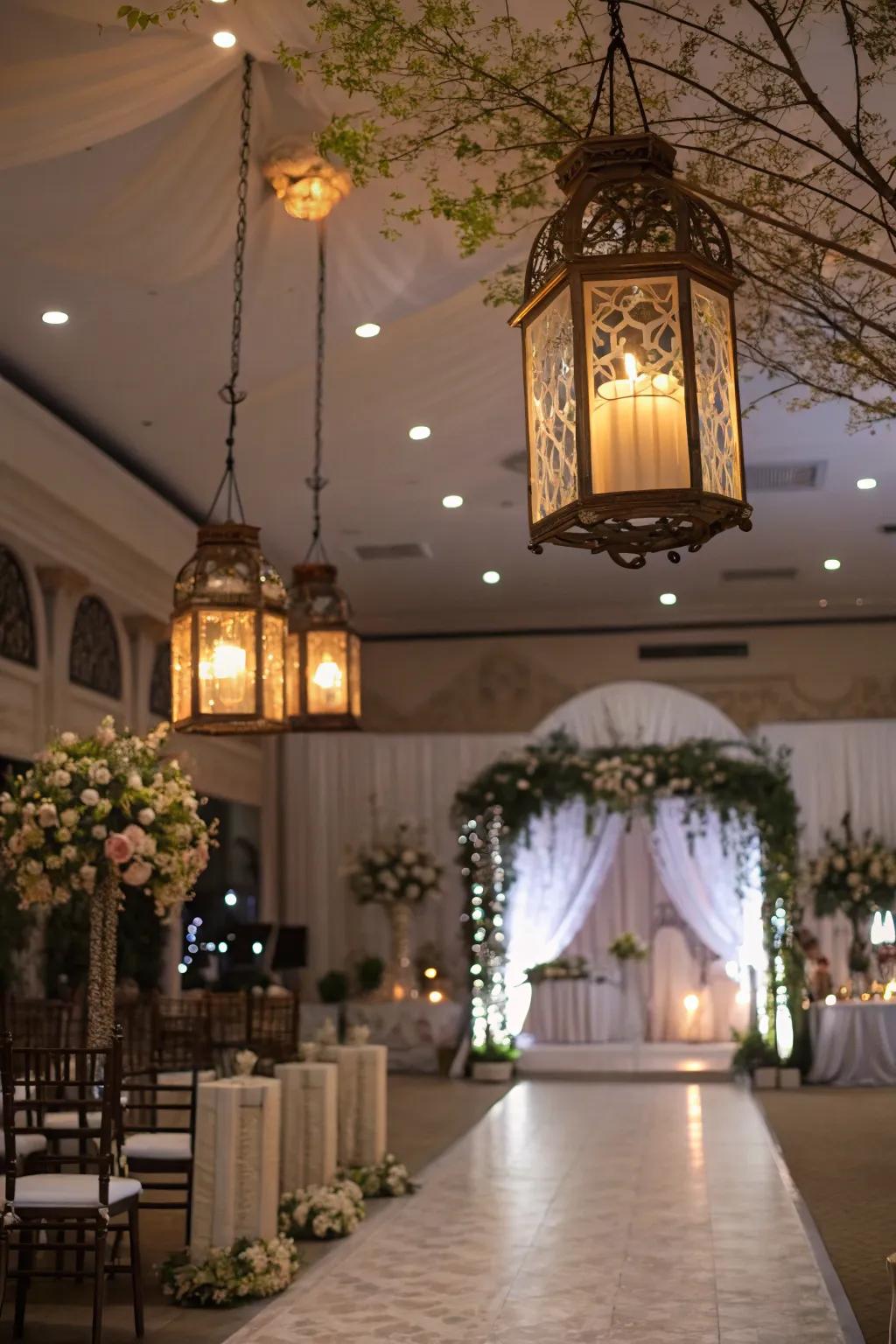 Hanging lamps bring sophistication and cultural flair to the wedding.