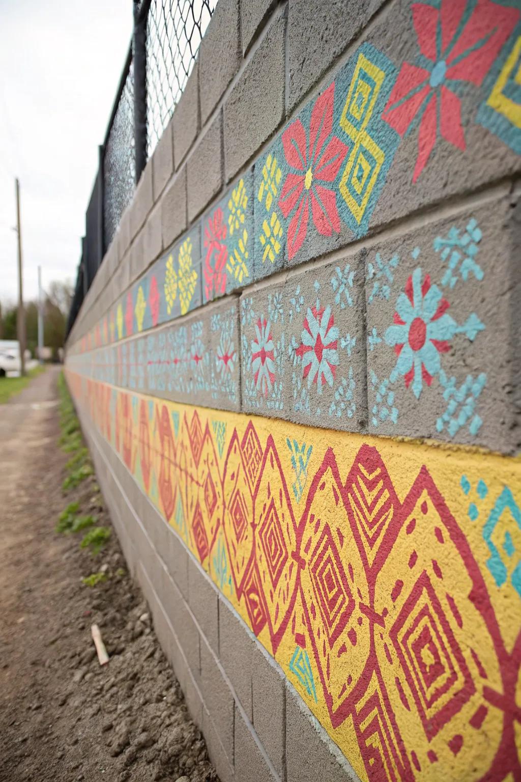 Geometric forms impart a modern twist to a concrete block wall.