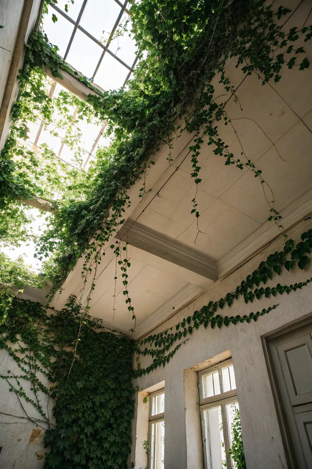 An unexpected ivy ceiling bringing a unique touch to the room.