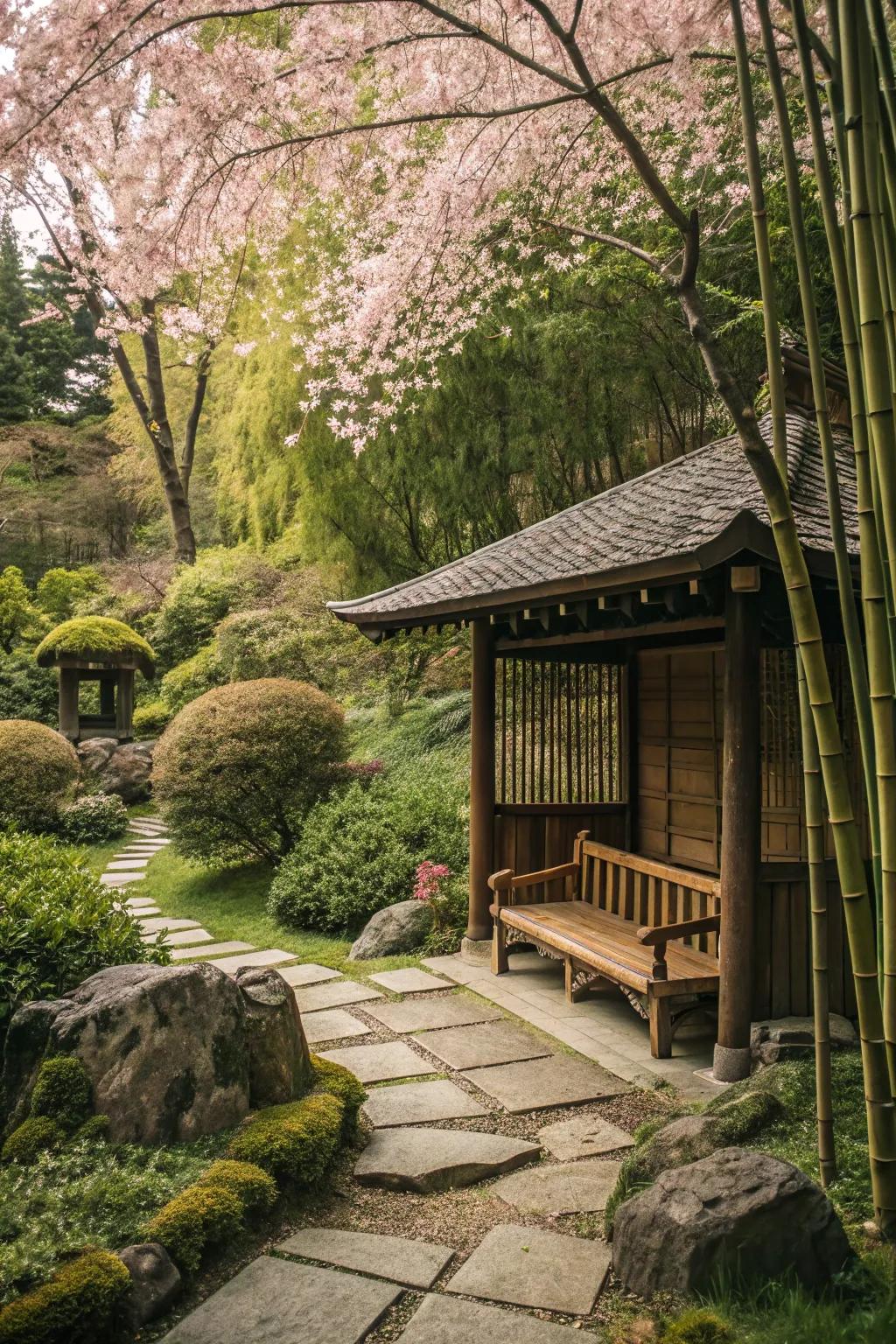A cozy hidden corner suited for peaceful reflection in the garden.
