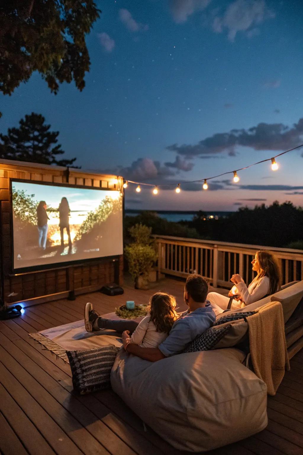 A deck featuring an outdoor display device and screen where a family is watching a movie under the night sky.