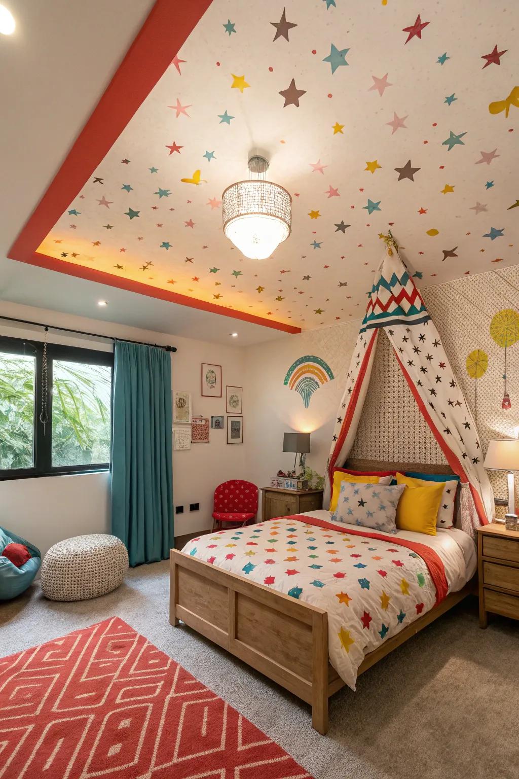 An emphasized ceiling incorporating a surprising twist to the decor.