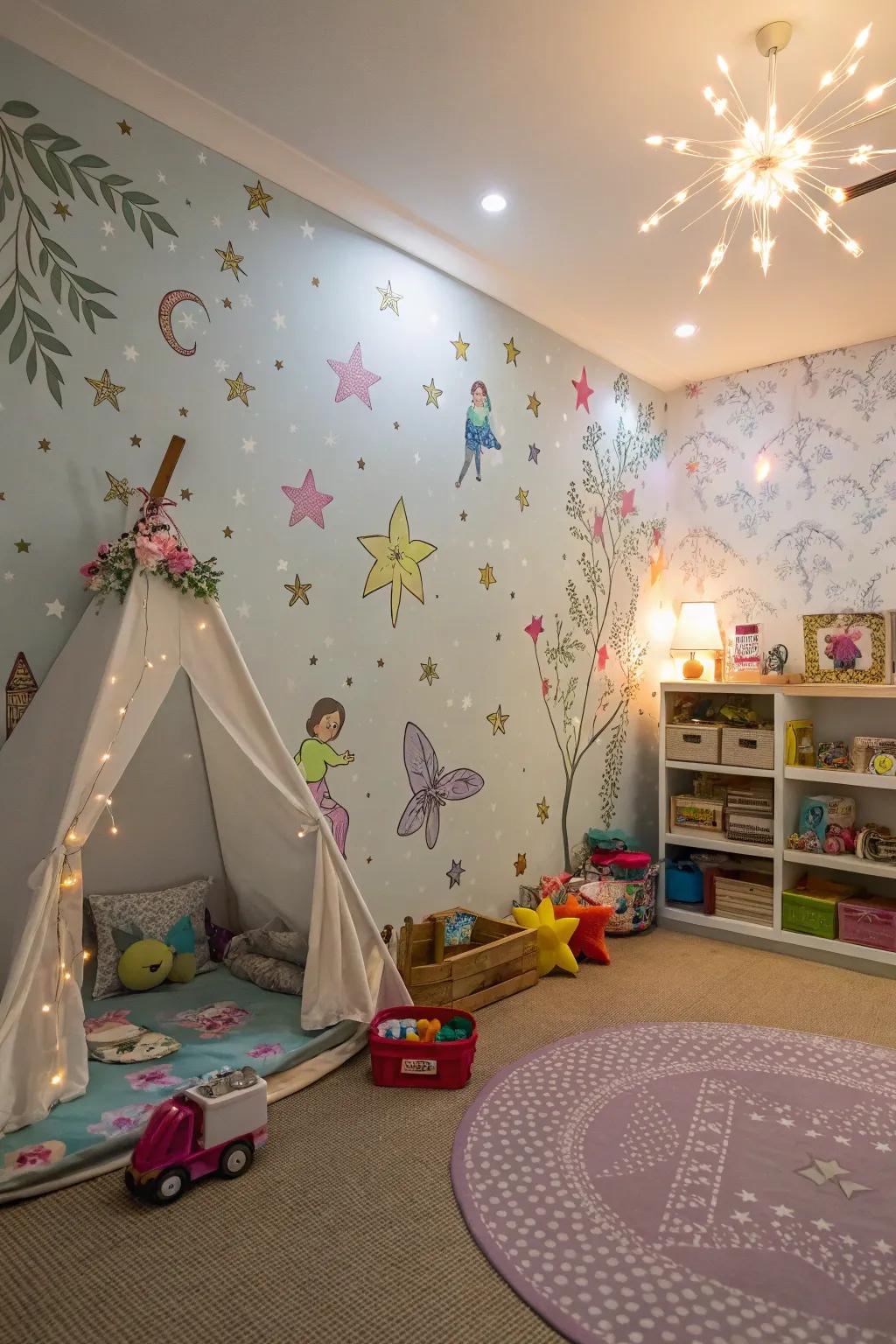 A playroom with wall covering featuring stars and fairies, perfect for dreamers.