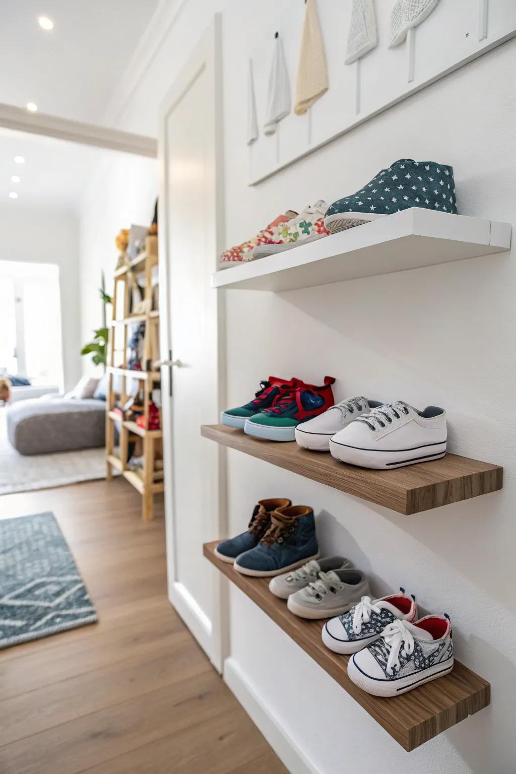 Display shoes with minimalist floating shelves.