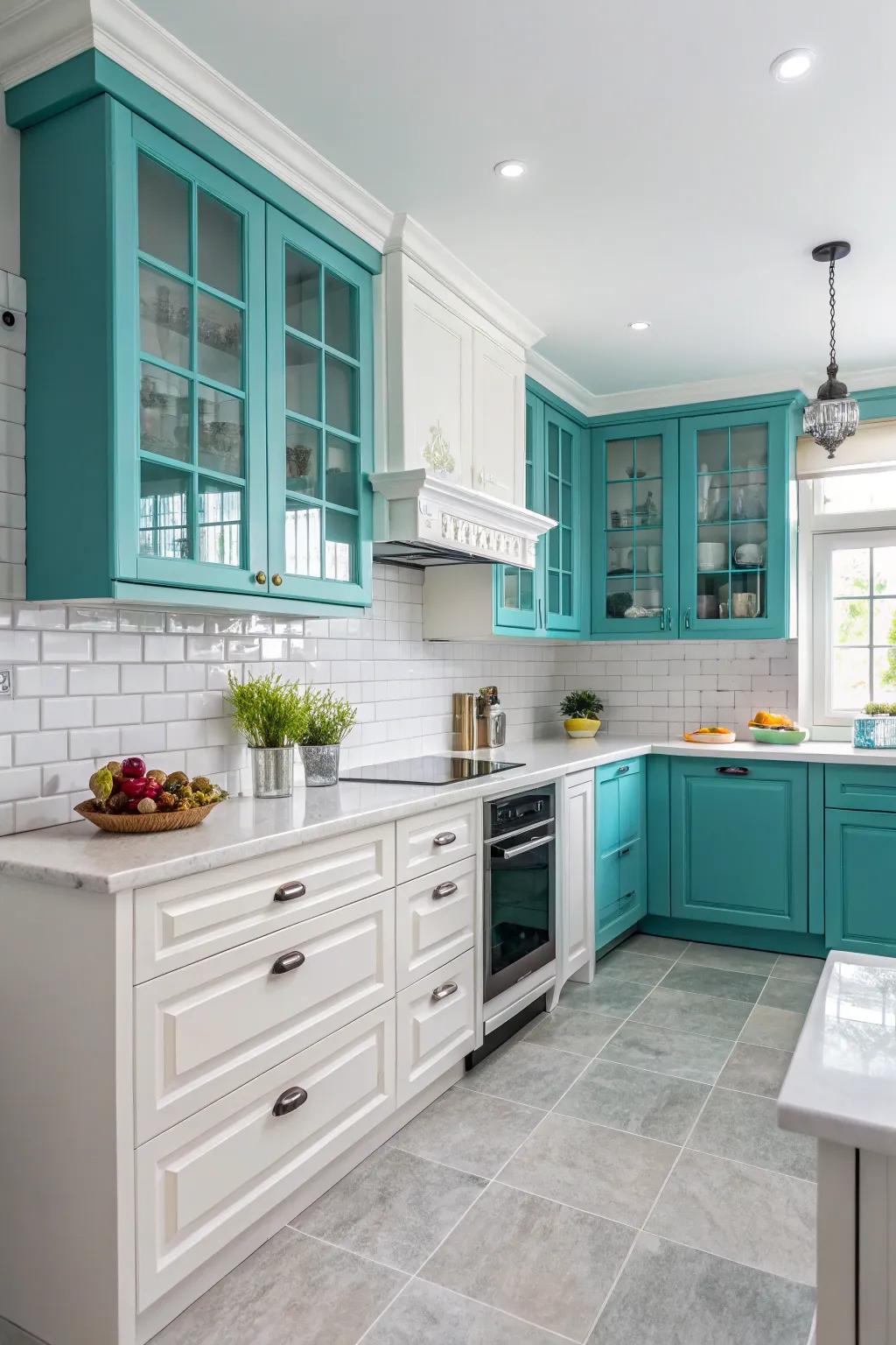 Bright cyan accenting brings a vibrant burst of color to your cooking space.