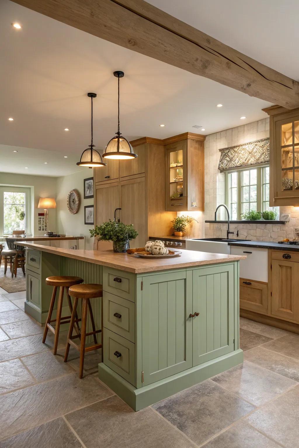 A thyme kitchen island crafts a serene and natural ambiance within the kitchen.