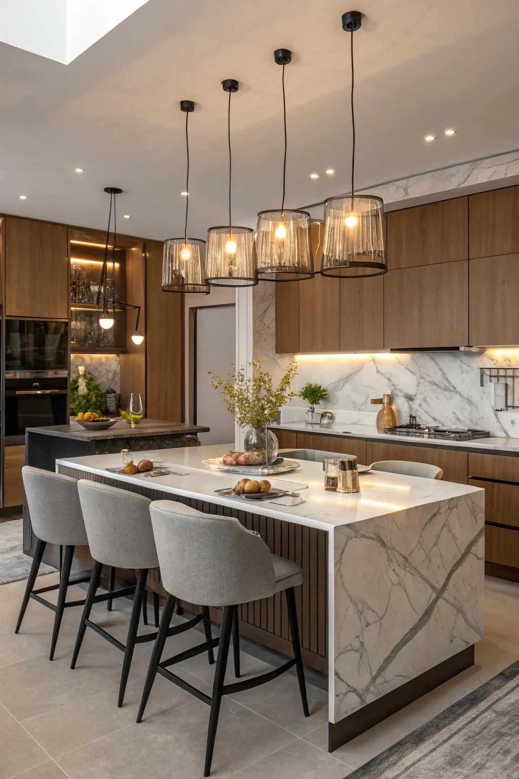 Statement lighting draws attention to the characteristics of a kitchen island.