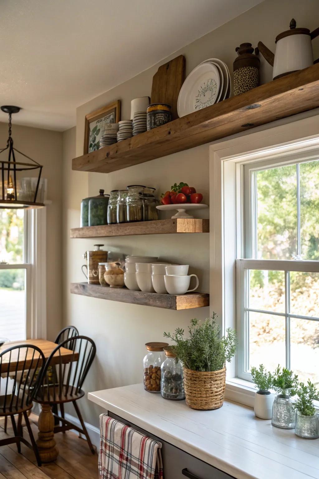 Unconventional and playful placement of floating shelves.