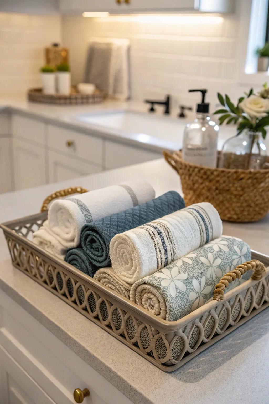 Linens in a platter offer a neat and stylish presentation.