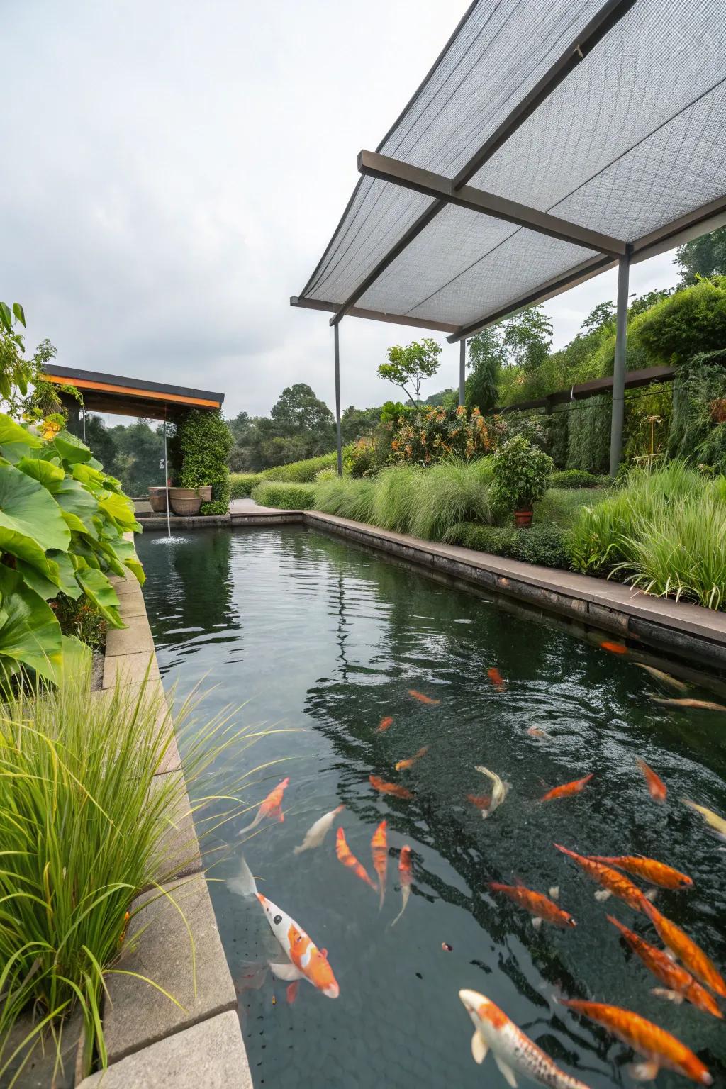 A koi pond benefiting from vegetation filters that deliver shade and tidy water.