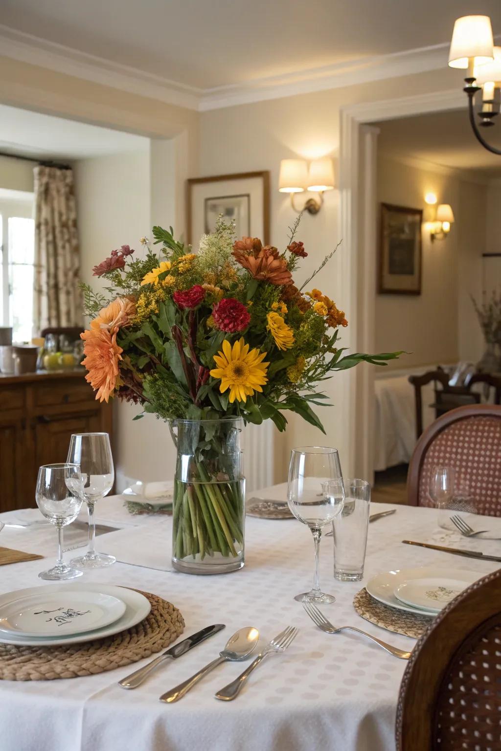 Seasonal decor keeps the dining room lively and inviting.