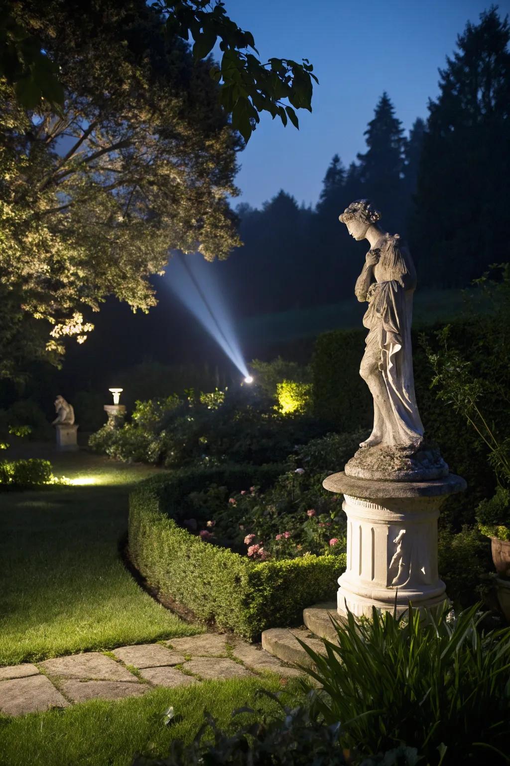Spotlights transforming garden features into captivating nighttime centerpieces.