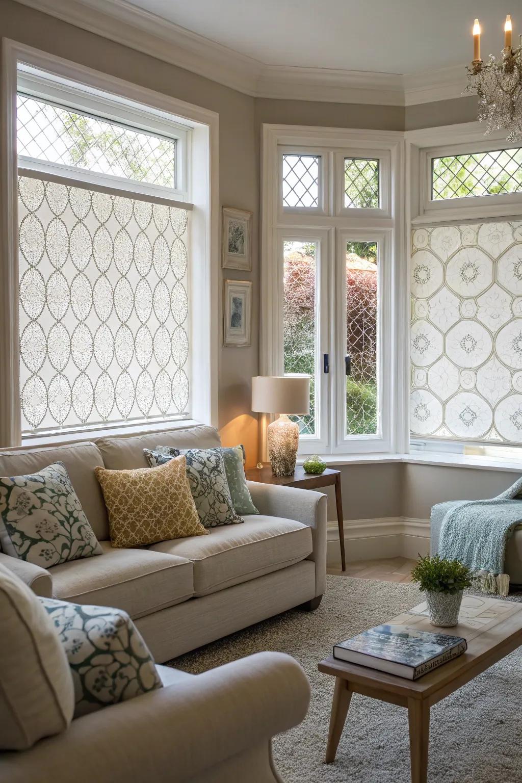 Designer overlay adding privacy and a touch of style to the living room.