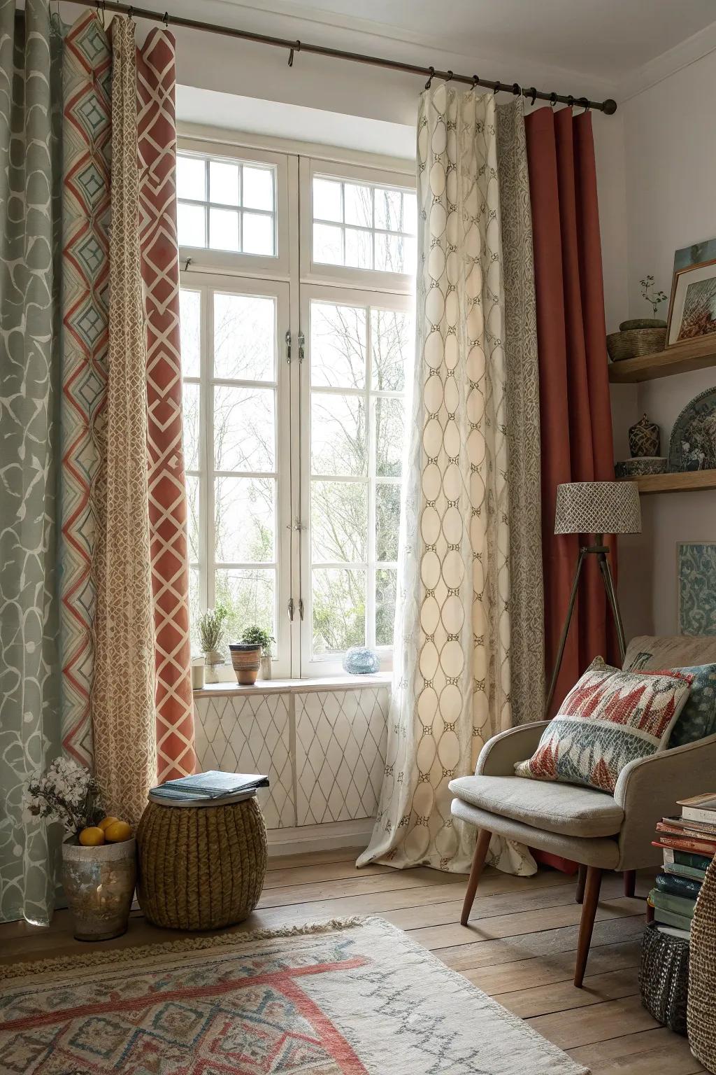 Eclectic curtain mixes provide a personalized touch.