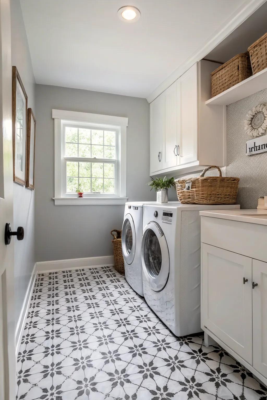 Mono tiles create a sleek and modern laundry space.