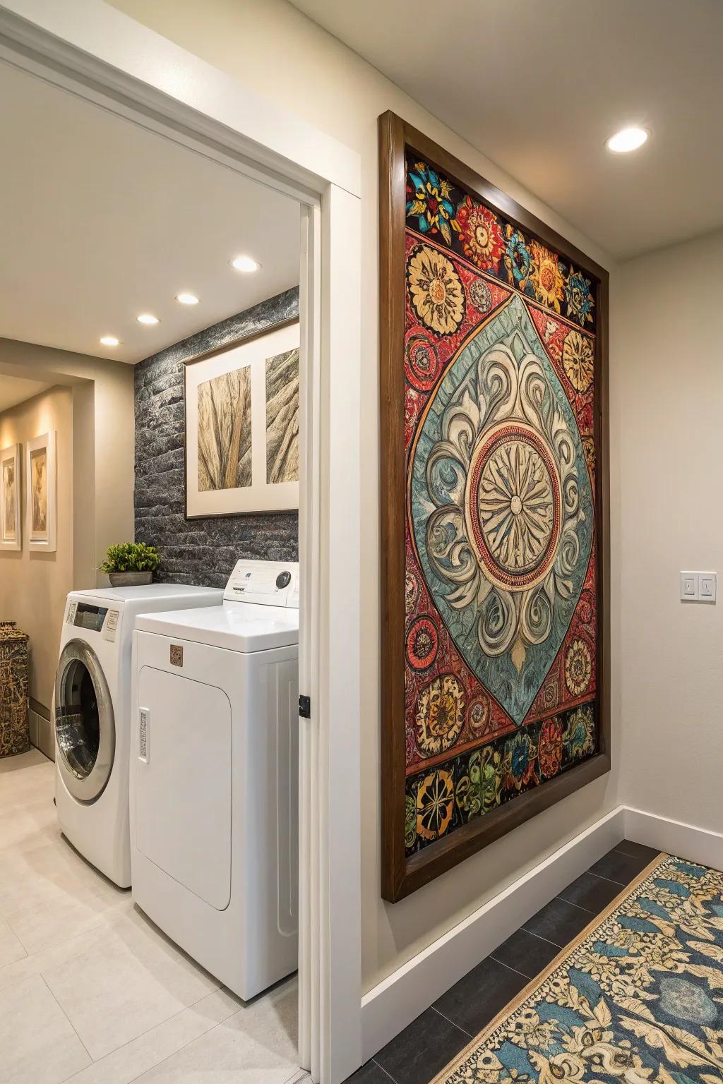 An artistic cover transforming a laundry chute into a stylish feature.