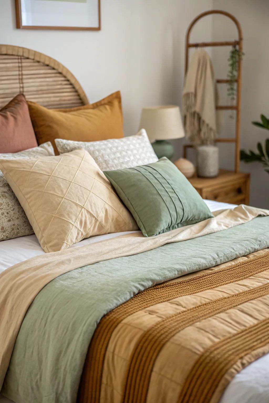 A nature-inspired color palette creating a calming bedroom atmosphere.