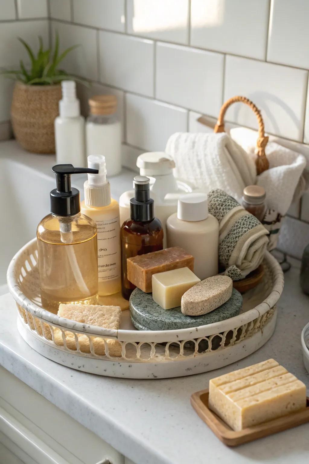 A bathroom organized with essentials on a rotating tray.