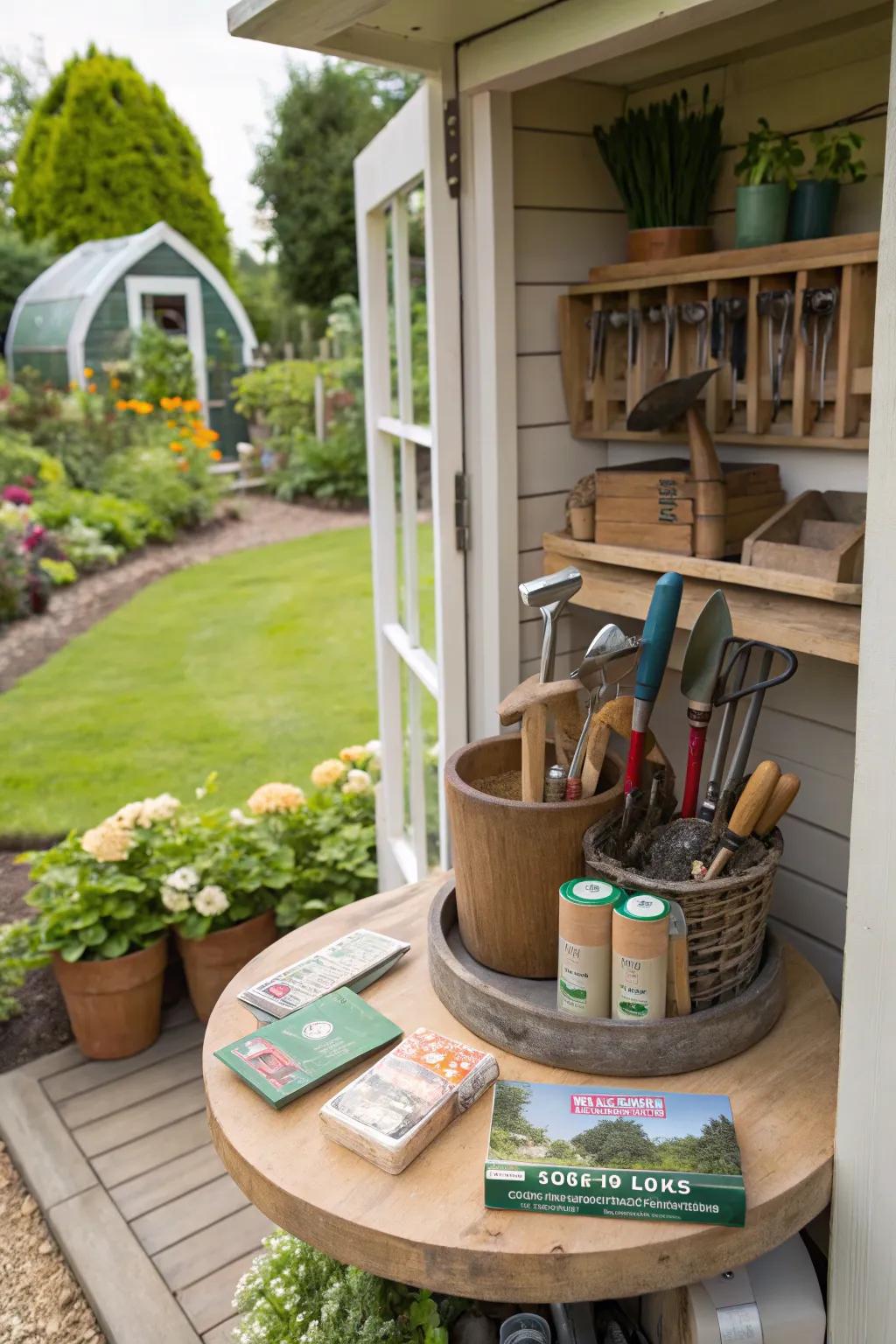 Organize gardening supplies efficiently with a spinning organizer.