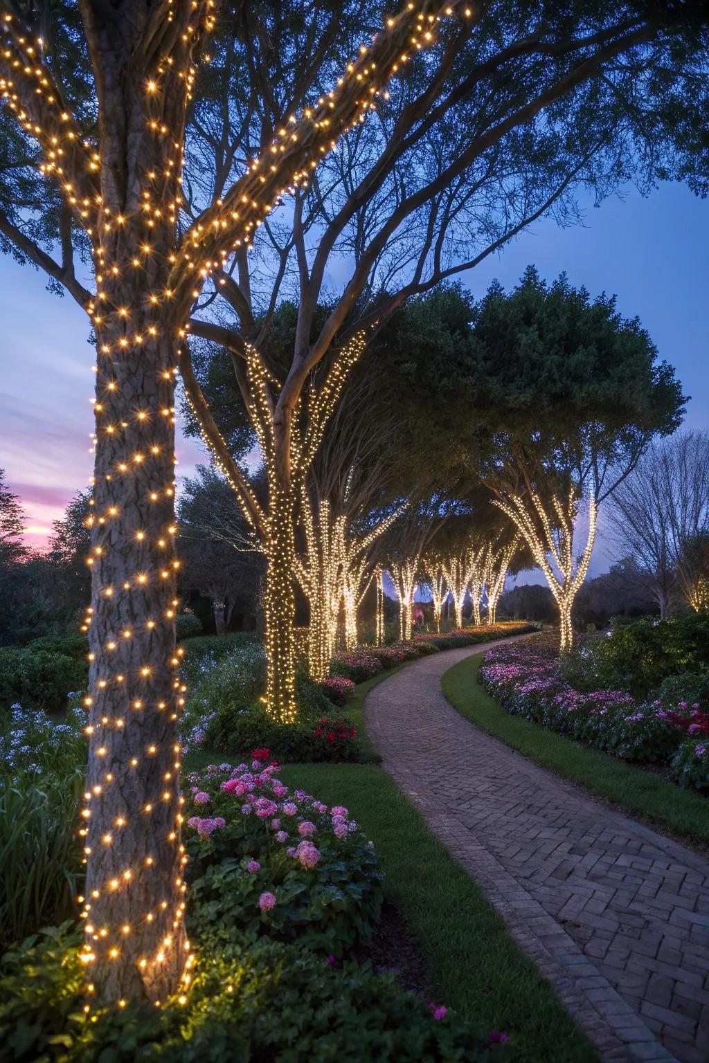 Add a whimsical effect using trees lit by LEDs.
