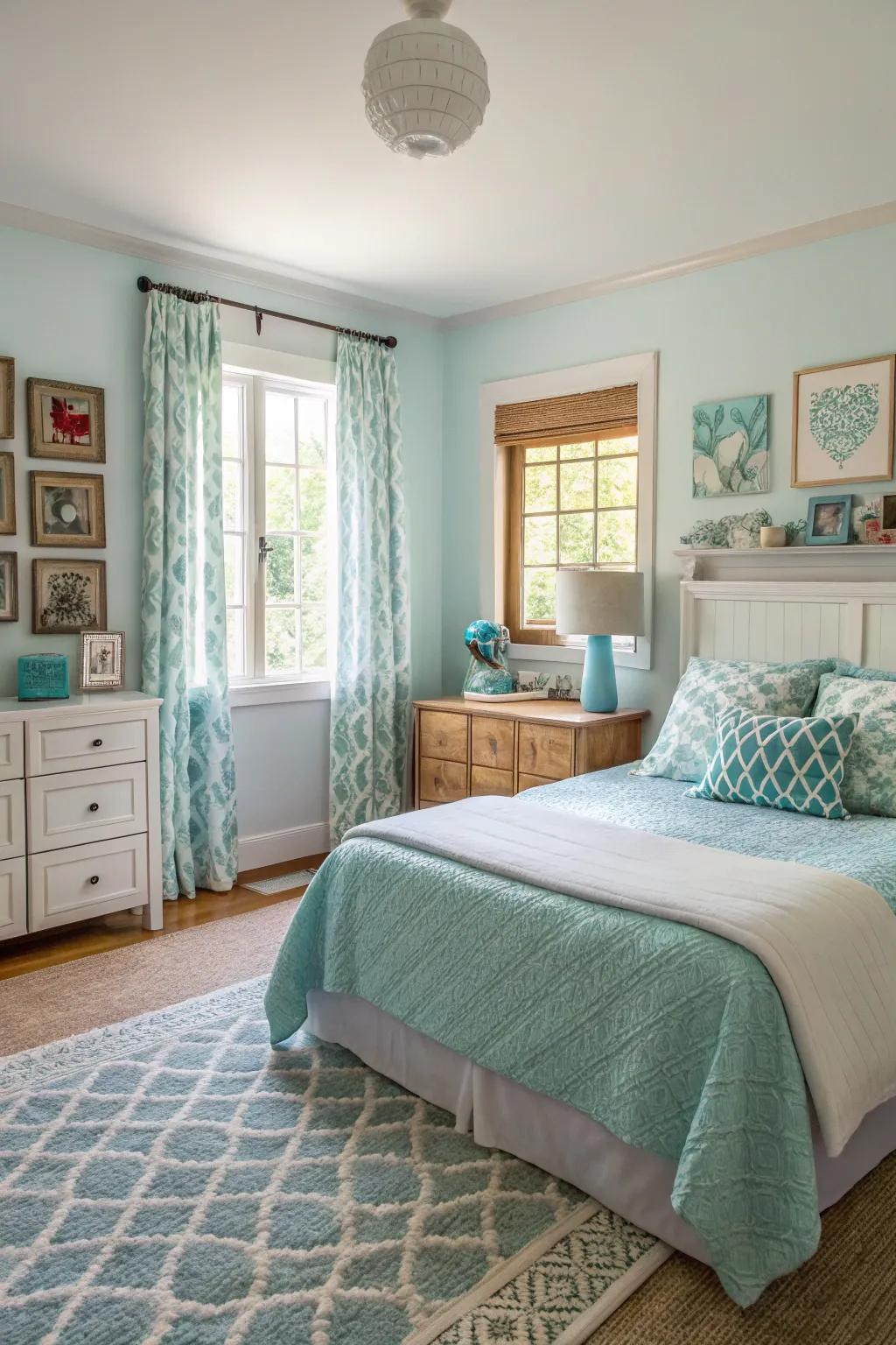 An eclectic bedroom in which pale blue serves as the unifying element for diverse styles.