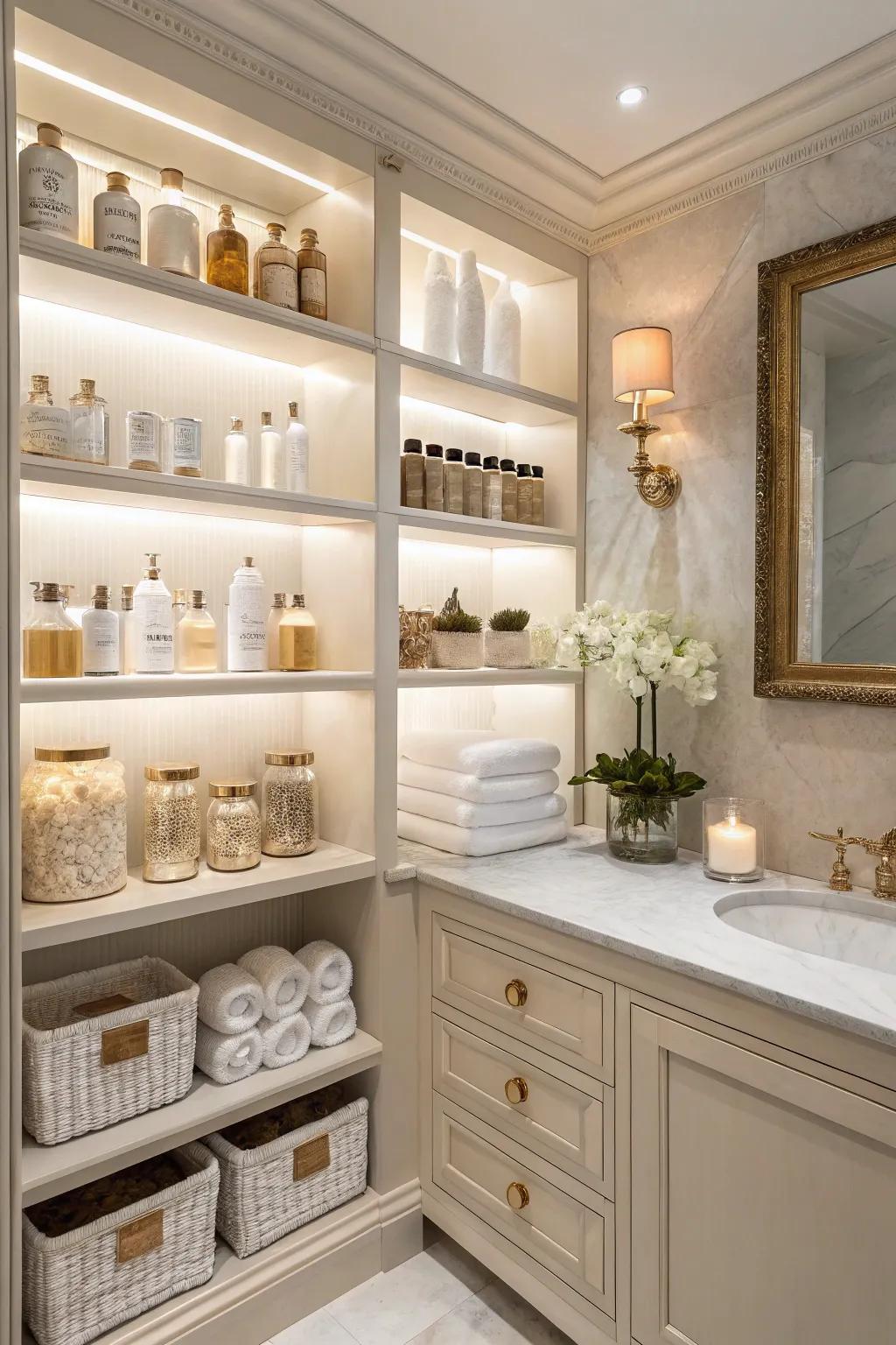 Open shelving adds practicality and elegance to a bright bathroom.