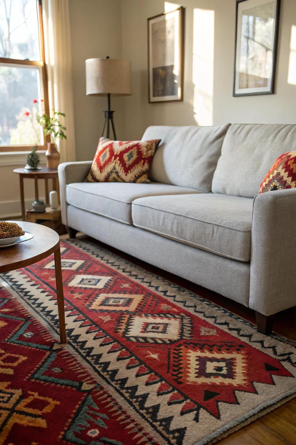 A bold rug anchors the room and complements a pale stone sofa.