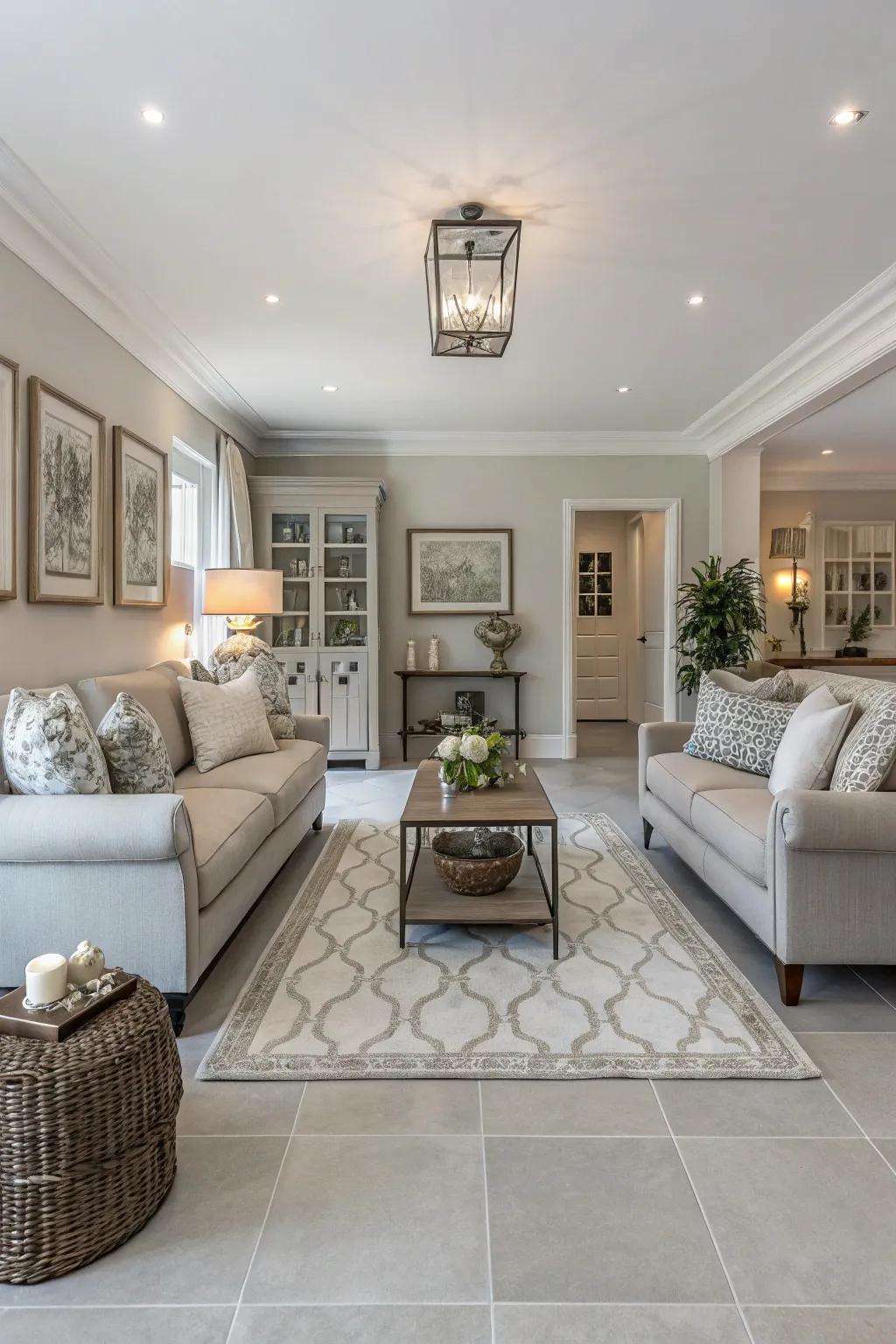 A harmonious living area with light grey flooring and symmetrical decor.