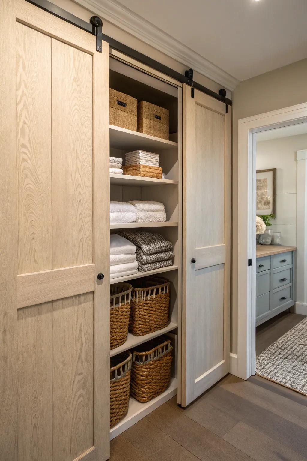 A glide door conceals and saves space in a linen closet.